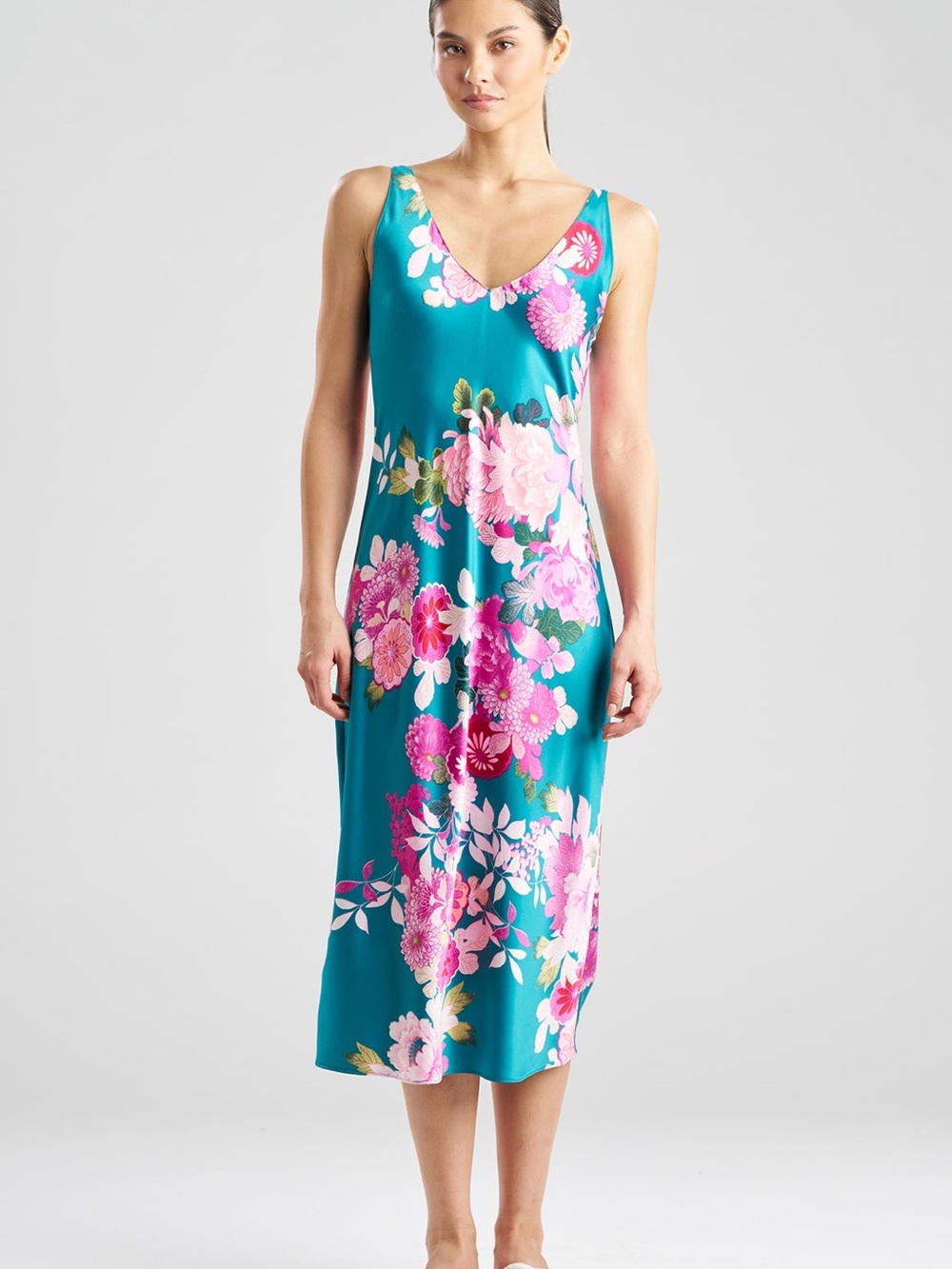 Natori Teal Empress Printed Floral V-Neck Sleeveless Satin Slip Dress Size Small